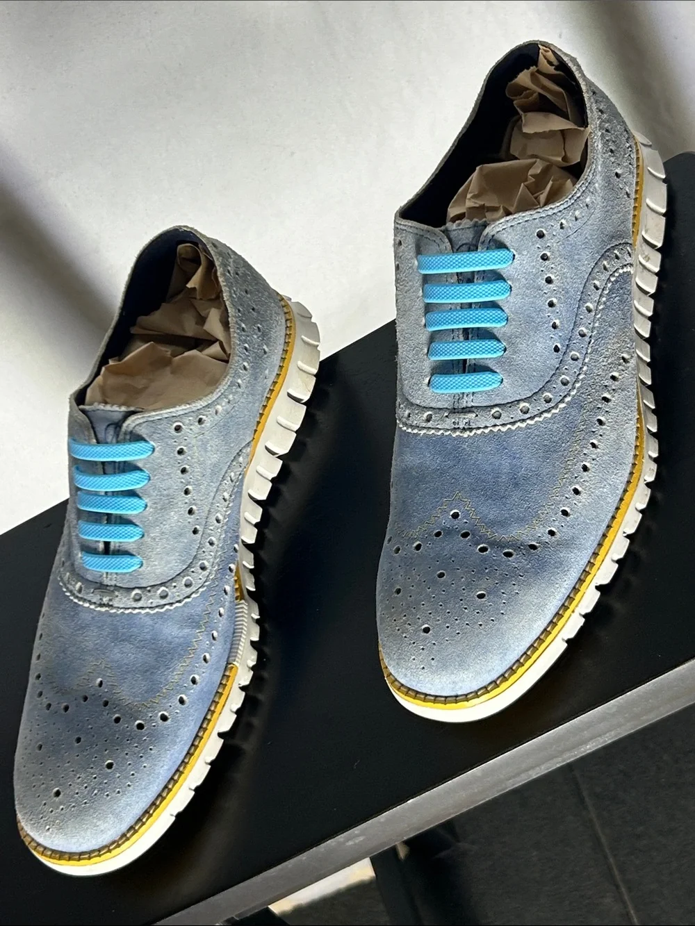 Cole Haan Light Blue Suede Wingtip Oxfords with Bright Blue Laces